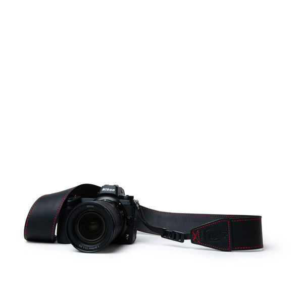 Vintage Black Leather Camera Strap with Red Stitching for Canon Cameras 