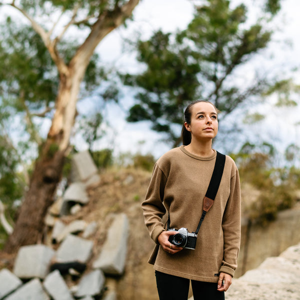 Female Photographer using Natural Cotton Camera Strap on Vintage Pentax Film Camera