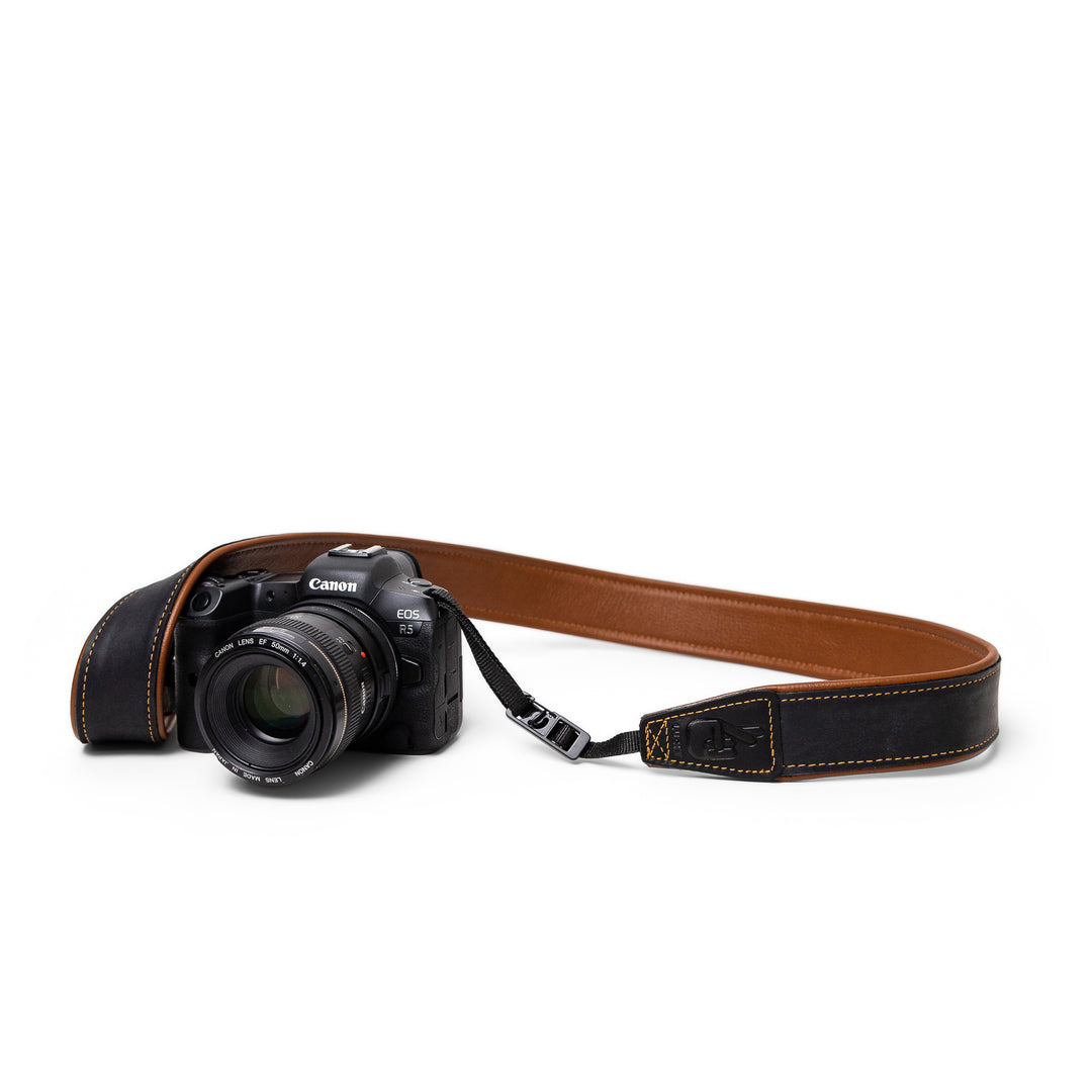 Black Tan Padded Leather Camera Strap - Lucky Camera Straps