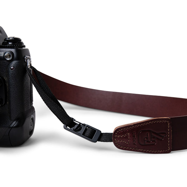 Close up of Lucky Straps quick release system on leather camera strap