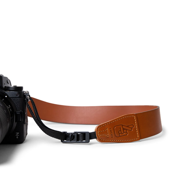 Close up of Lucky Straps quick release system on leather camera strap