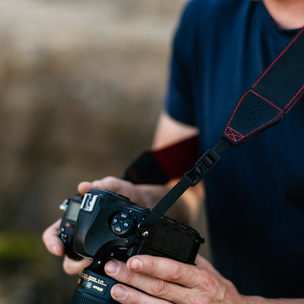 Close up of Lucky Straps quick release system on leather camera strap